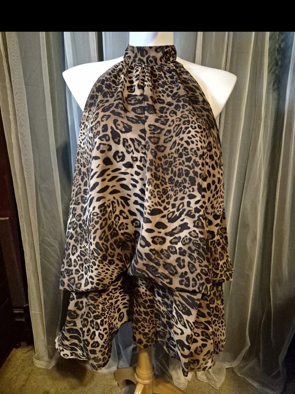 Source Unknown Leopard Print Halter Mini Dress - Brown/Black
